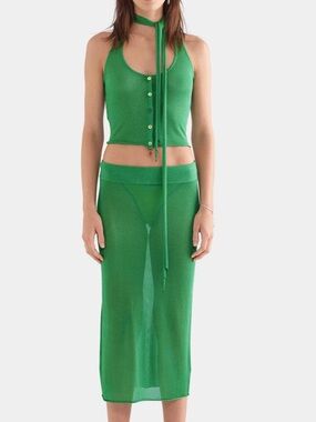 Venroy Lurex Knit Midi Skirt Bright Green